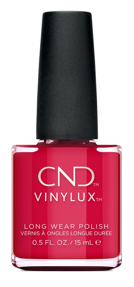 Różowa butelka lakieru do paznokci z czarnym korkiem i nazwą CND VINYLUX.
