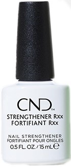 A white nail polish bottle with a black cap, labeled with the brand CND and product details.