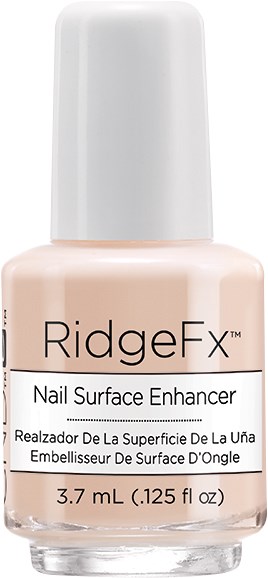 Mała butelka RidgeFx Nail Surface Enhancer, preparat do paznokci, 3,7 ml, z białą nakrętką.