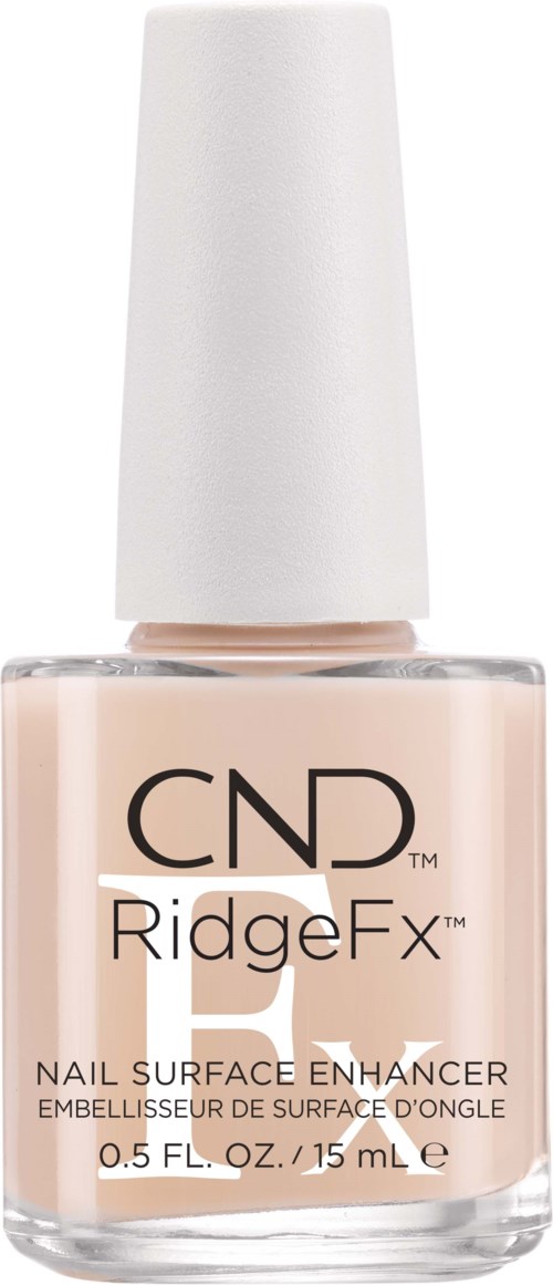 A nail polish bottle labeled 'CND RidgeFx' with a beige color and a white cap.