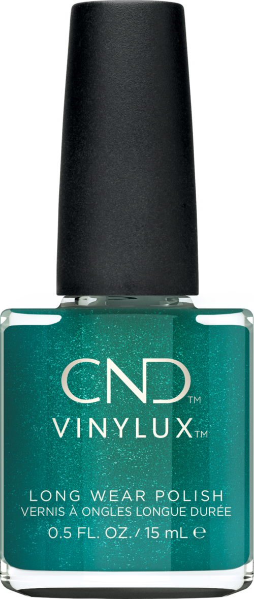 Butelka turkusowego lakieru do paznokci z czarnym wieczkiem, oznaczone 'CND VINYLUX LONG WEAR POLISH' i informacje o rozmiarze.