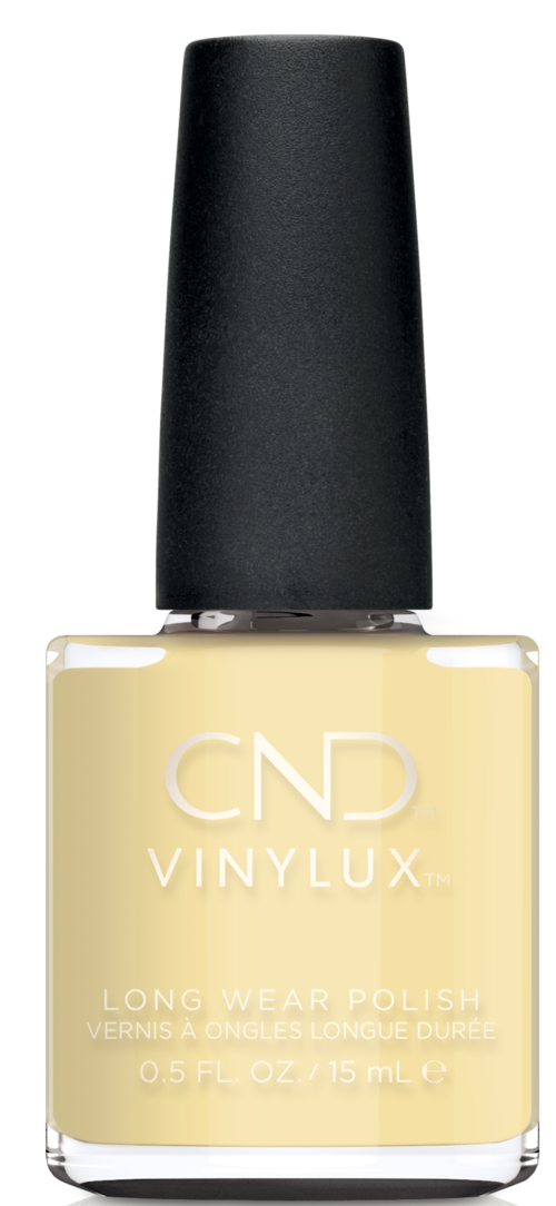 En flaska ljusgul nagellack med svart lock, märkt 'CND VINYLUX' och 'Long Wear Polish'.