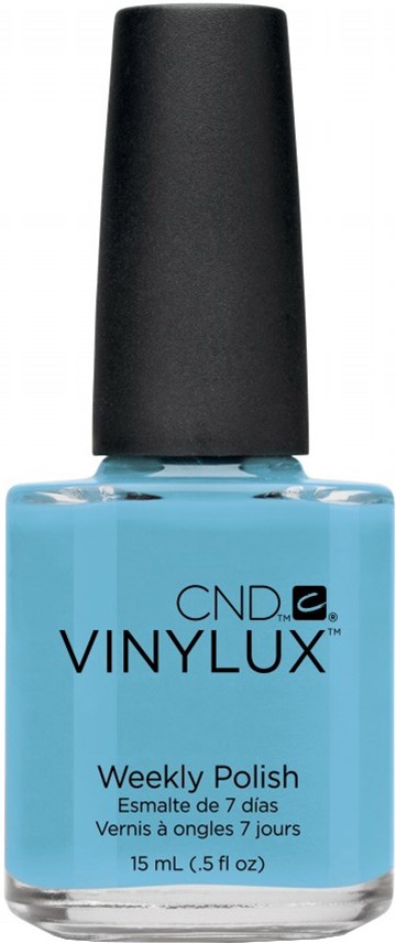 Blå nagellackflaska med svart lock, märkt 'CND VINYLUX Weekly Polish'.