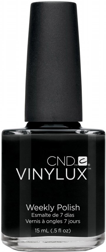 Sort neglelakflaske med hvid tekst, mærket CND VINYLUX Weekly Polish, 15 mL, med sort låg.