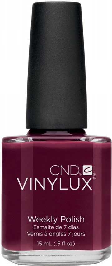 En flaska med djupröd nagellack från CND Vinylux, märkt 'Weekly Polish', med svart lock.