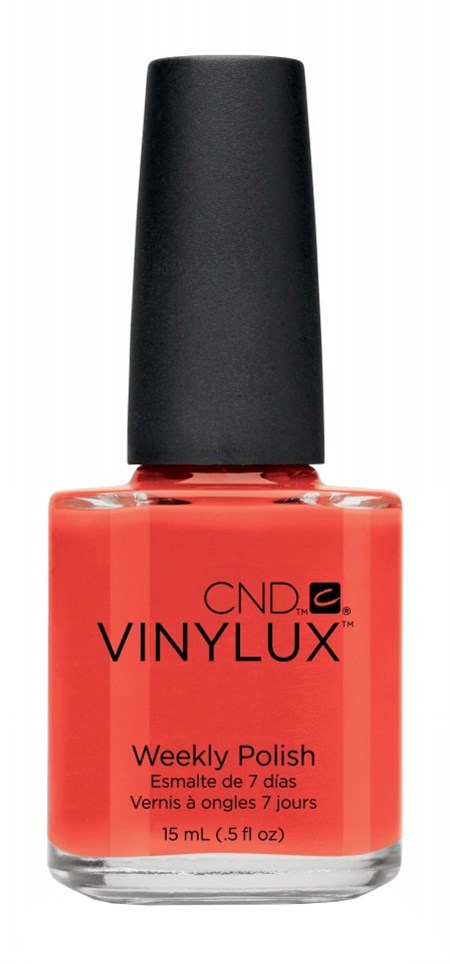 En flaska med orange nagellack märkt "CND Vinylux Weekly Polish" med svart lock.