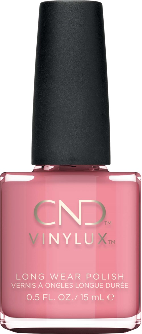 En rosa nagellackflaska med svart kork och märket 'CND VINYLUX' på fronten.