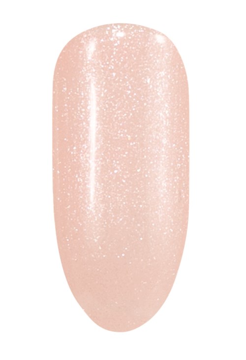 En ljusrosa nagel med glitter, formad oval, slät yta, sett uppifrån.