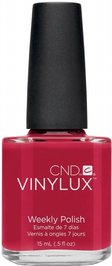 En flaska röda nagellack med svart lock, märkt 'CND Vinylux Weekly Polish' och storlek 15 mL.
