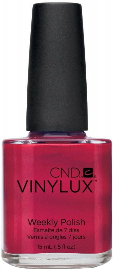 En flaska rosa nagellack märkt 'CND Vinylux Weekly Polish' med svart lock.