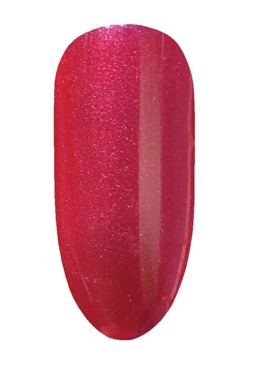 En rosa nagellack med glitter på en kort, rund nagel. Bakgrunden är vit.