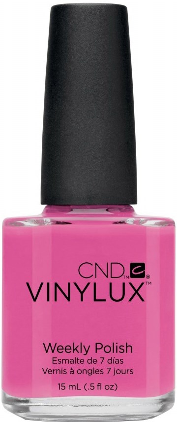 Ljusrosa nagellackflaska med svart lock, märkt 'CND Vinylux Weekly Polish, 15 mL.'
