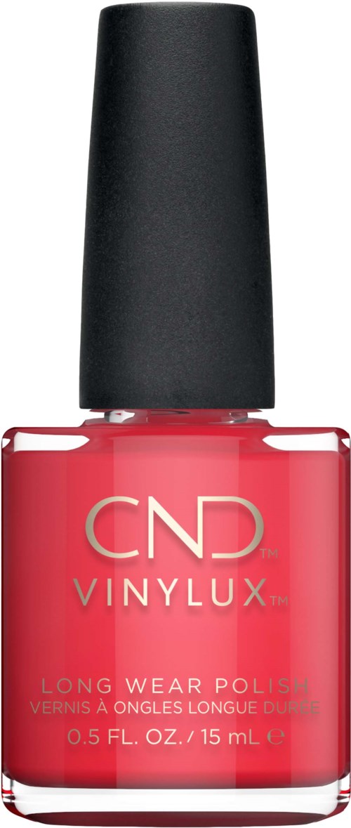 Flesje roze nagellak met 'CND VINYLUX' label en zwarte dop, voor lange slijtage. Klein en compact.