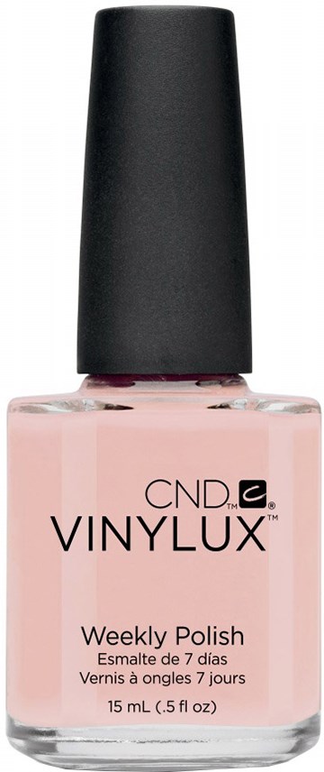 En rosa nagellacksflaska med svart topp, märkt 'CND VINYLUX Weekly Polish'.