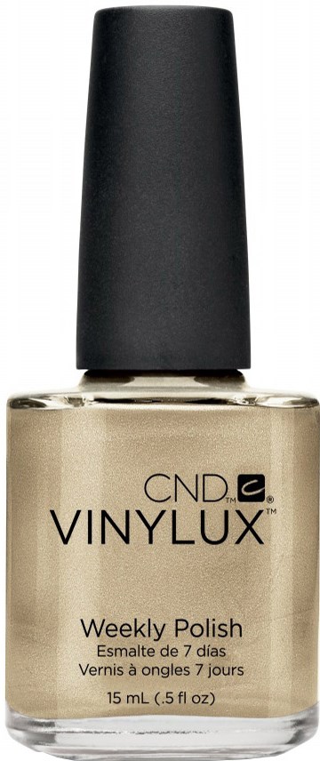 En beige flaska med svart lock, märkt CND VINYLUX Weekly Polish, 7-dagars nagellack.