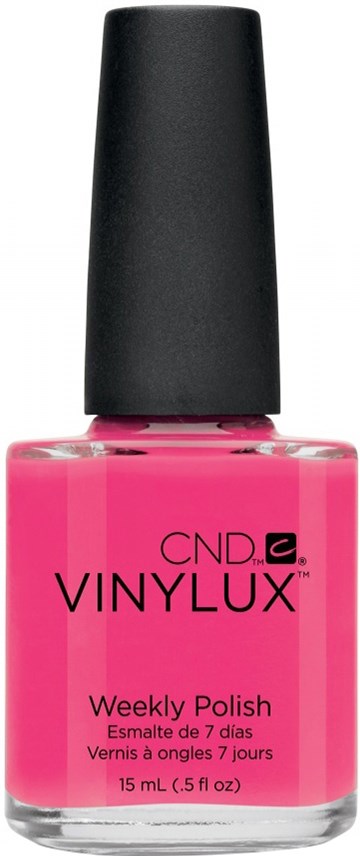 Rosa nagellackflaska med svart lock, märkt CND Vinylux Weekly Polish.
