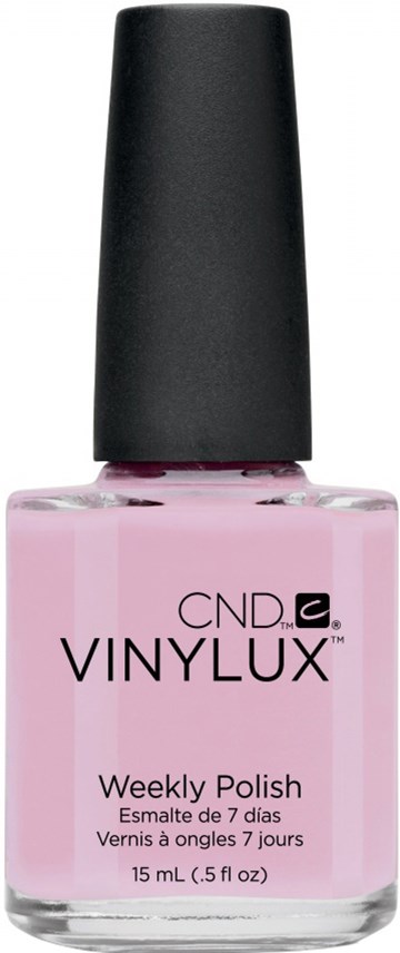 En liten rosa flaska med svart lock märkt CND VINYLUX Weekly Polish. Den visar produktnamnet och detaljer.