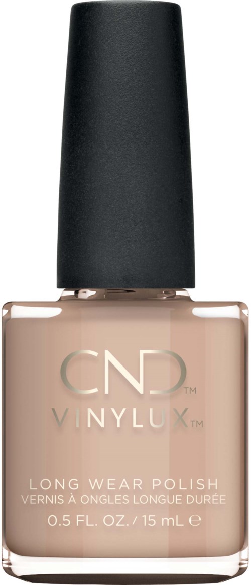 Flesje beige nagellak met zwarte dop, gemarkeerd CND VINYLUX, lange draagkracht formule, 0,5 fl oz.