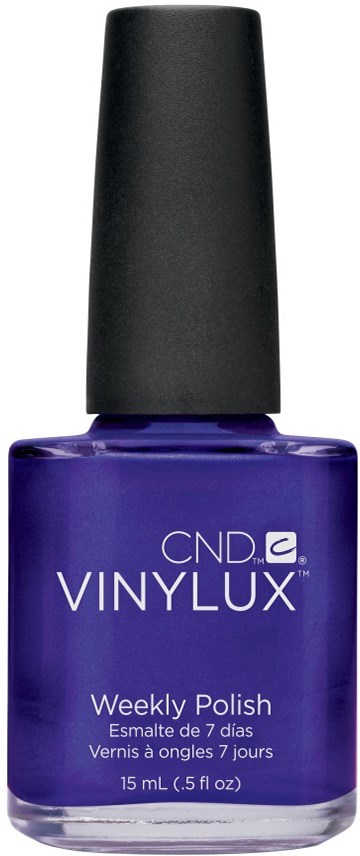 En lila nagellacksflaska med svart mängd och etikett "CND Vinylux Weekly Polish."