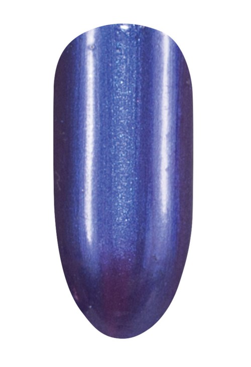 En blå, glänsande, oval formad nagellacksprov med glitter och metalliskt skimmer.