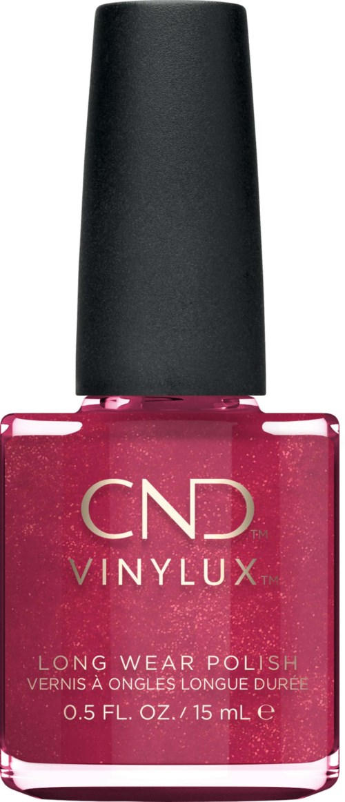 Rosa nagellackflaska med svart lock och 'CND VINYLUX' etikett, avsedd för långvarigt bruk.