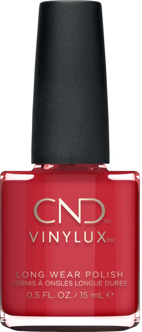 Een rode nagellakfles met zwarte dop en CND Vinylux-logo, langhoudende nagellak. Formaat: 0,5 fl oz.