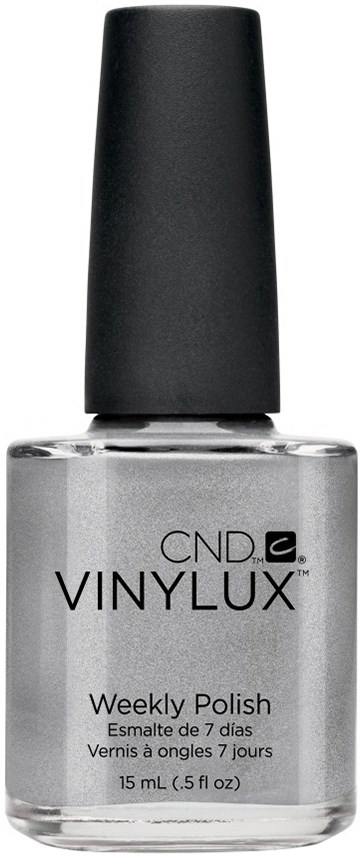 En liten flaska med CND Vinylux veckolång nagellack i genomskinlig färg med svart lock.