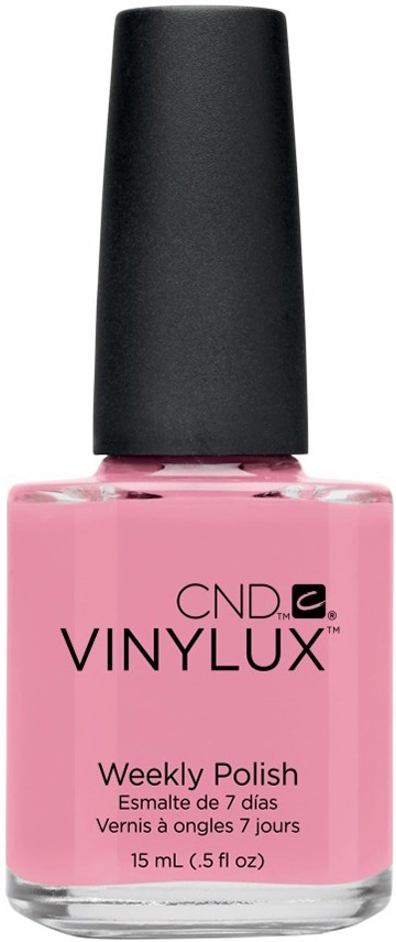 Liten rosa nagellackflaska med svart kork, märkt CND Vinylux Weekly Polish, 15 mL.