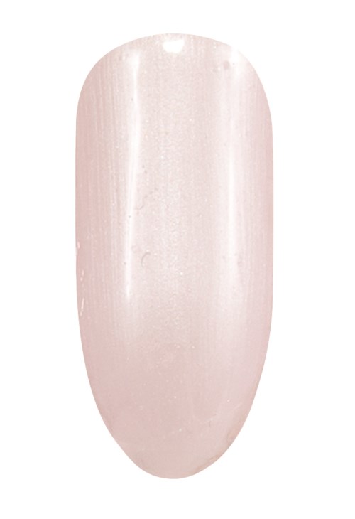 Ett ljust rosa, glänsande, rundat nagellacksprov på vit bakgrund.