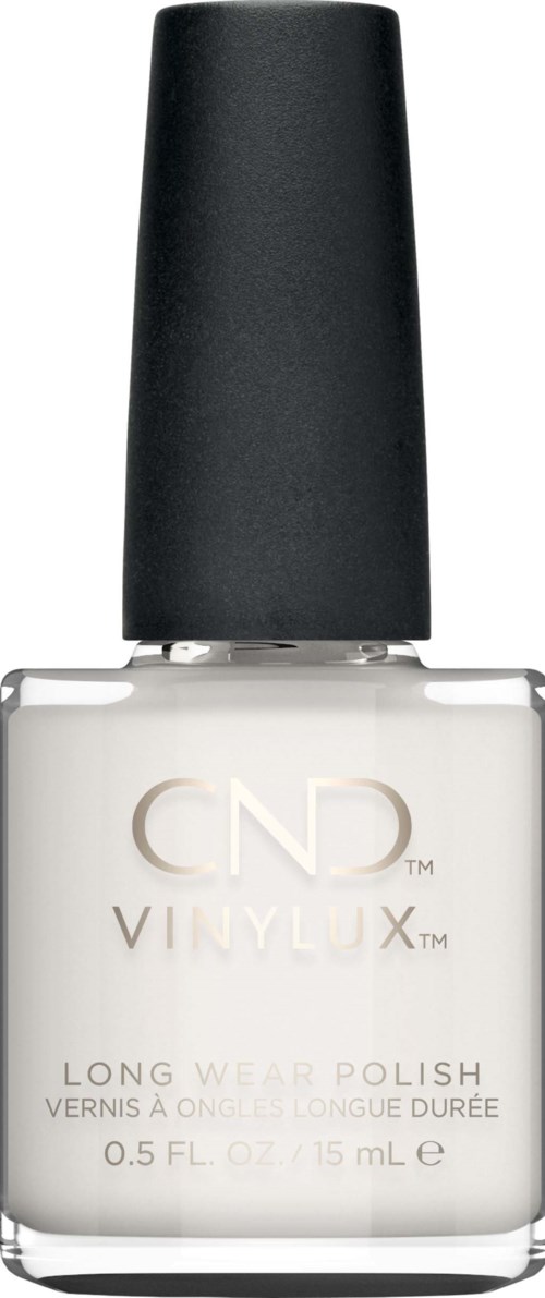 En flaska vit nagellack med svart lock och silveretikett, märkt CND VINYLUX, långvarig.