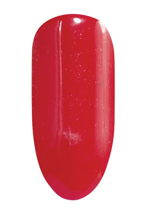 Röd pillkapsel med några vita fläckar, oval form och en delning i mitten.