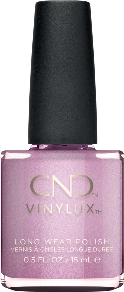 En rosa flaska med CND Vinylux nagellack med svart lock.