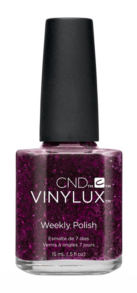 En flaska med lila glitternagellack med svart lock, märkt "VINYLUX" och "Weekly Polish."