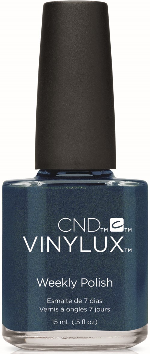 En blå nagellacksflaska med svart lock, märkt CND VINYLUX Weekly Polish.