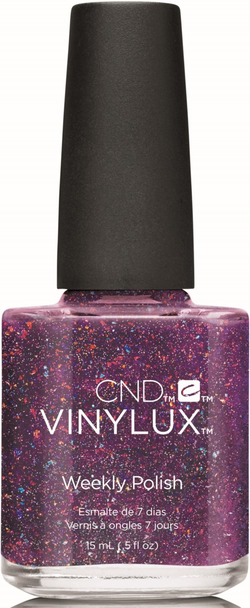 Lila nagellack med rosa, lila och blå glitter, i en flaska med svart lock.