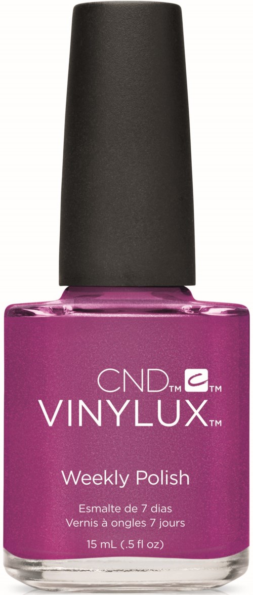En liten lila nagellackflaska med svart kork, märkt 'CND VINYLUX Weekly Polish.'