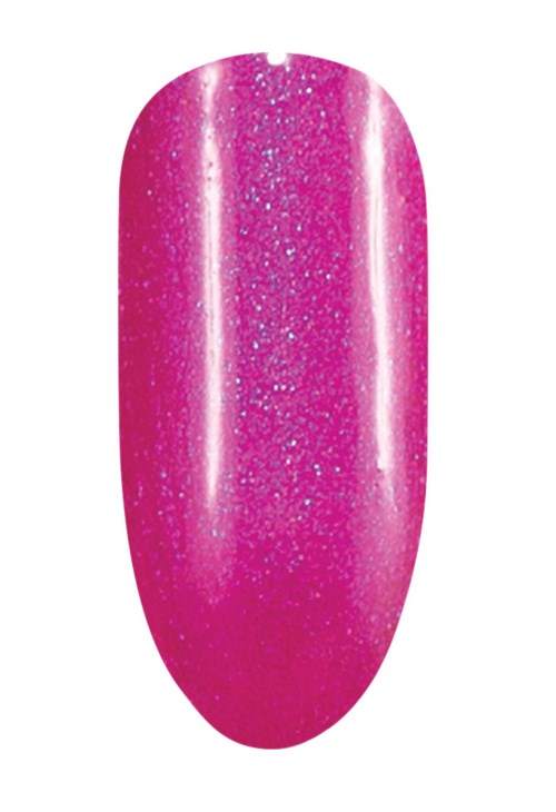 En rosa, glitterig nagel med en glansig, slät yta.