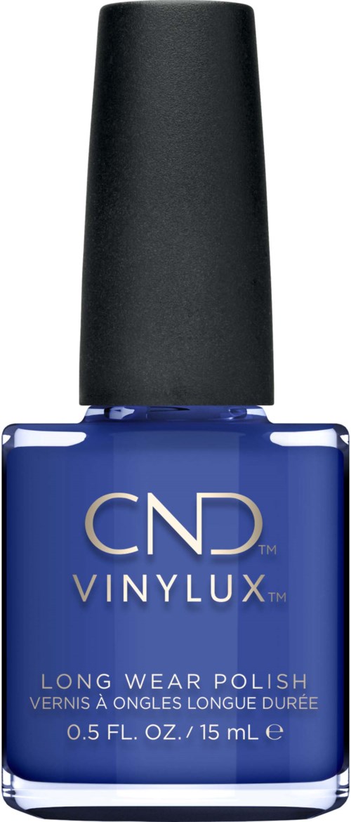 En blå flaska nagellack med svart lock, märkt CND VINYLUX för långtidsanvändning.