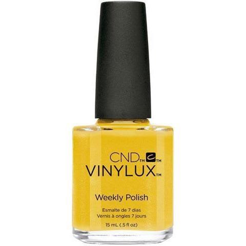 Gult nagellack i en glasflaska med svart lock, märkt 'VINYLUX' och 'Weekly Polish' för 7 dagar.