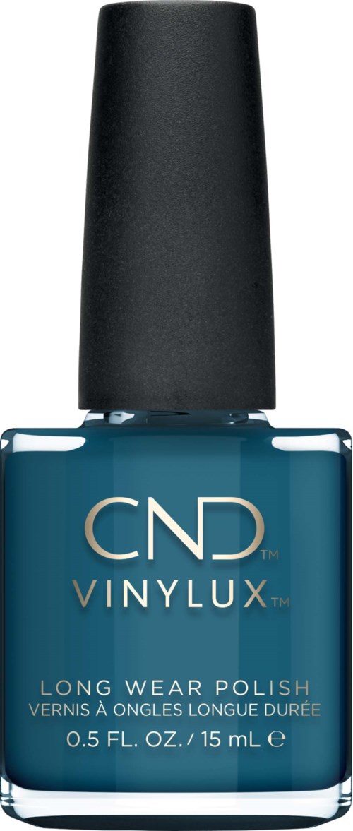 En blå nagellackflaska med svart lock, märkt CND VINYLUX Long Wear Polish.