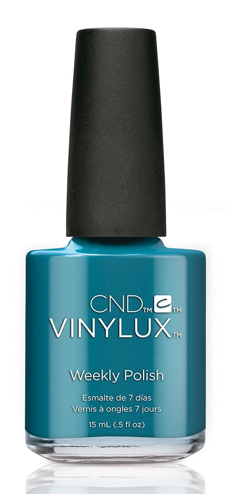 En blå flaska med CND VINYLUX veckopåfyllning nagellack med svart lock, tydlig etikett.