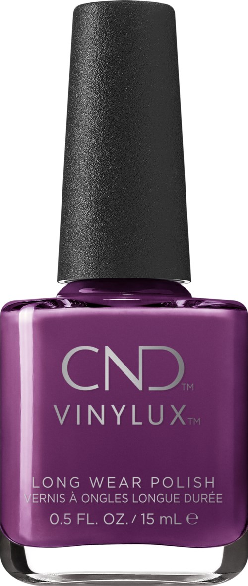 En lila nagellackflaska med svart lock, märkt CND VINYLUX, och beskriver långvarig nagellack.