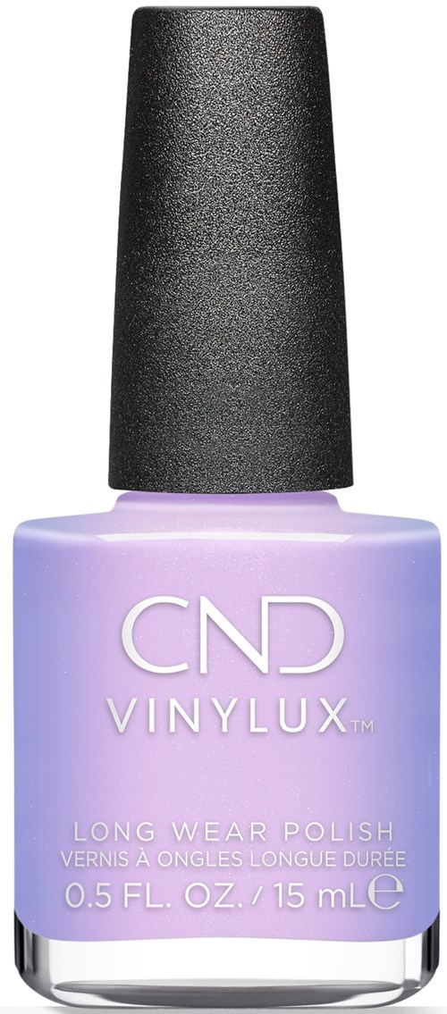 Jasnofioletowa butelka lakieru do paznokci z czarnym kapitkiem, oznaczona 'CND VINYLUX Long Wear Polish' i rozmiarem 0,5 fl oz.