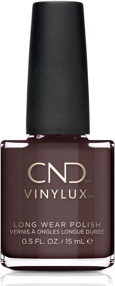 En mørk lilla neglelakkflaske med svart kork, merket 'CND VINYLUX LONG WEAR POLISH'.