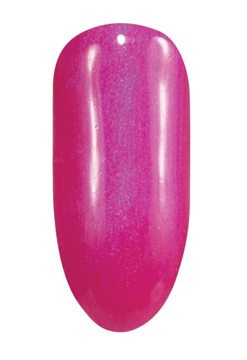 Een roze, glanzende, langwerpige nagel met glitters op een witte achtergrond.