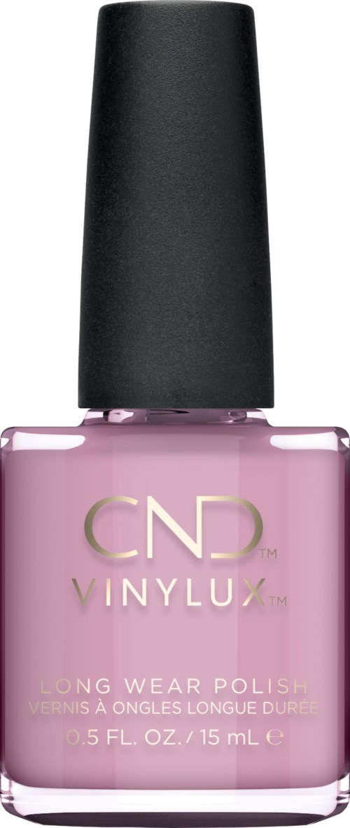 En rosa flaska med svart lock, märkt CND VINYLUX, snabbtorkande långvarig nagellack.