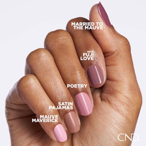 Nagel med fem delar märkta: Gift med mauve, nya Fuji kärlek, poesi, satinpyjamas, mauve maverick.