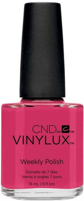 Rosafärgad nagellackflaska med svart kork, märkt CND VINYLUX, veckovis lack, 15 mL.