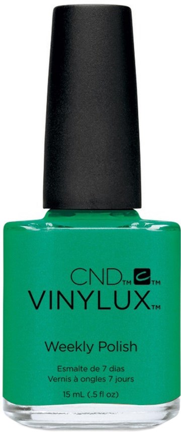 En grön nagellackflaska med svart lock, märkt 'VINYLUX Weekly Polish,' 15 ml storlek.