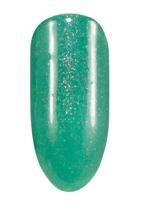 En grön-blå nagel med glitter, rund och glänsande, mot en vit bakgrund.